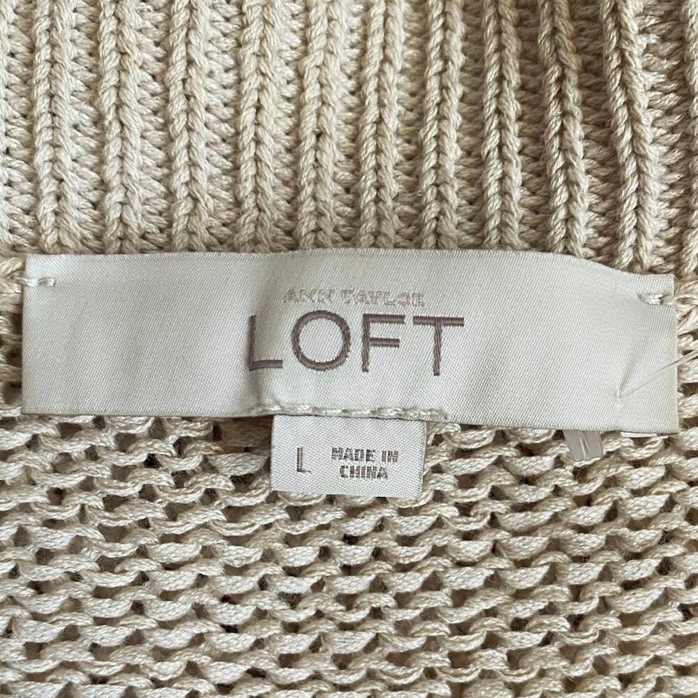 LOFT ANN TAYLOR Linen Blend Loose Knit Striped Open Cardigan Sweater L Tan Black - Picture 6 of 8